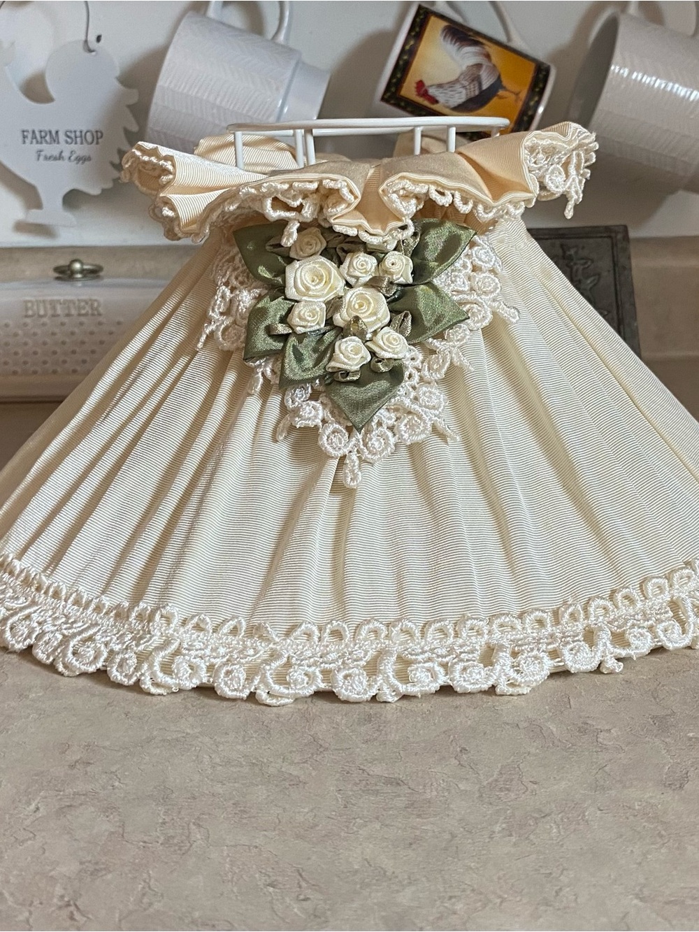 Vintage 80s Floral Cream Ruffled Fabric Oil Lamp Chimney Shade Cottagecore Decor